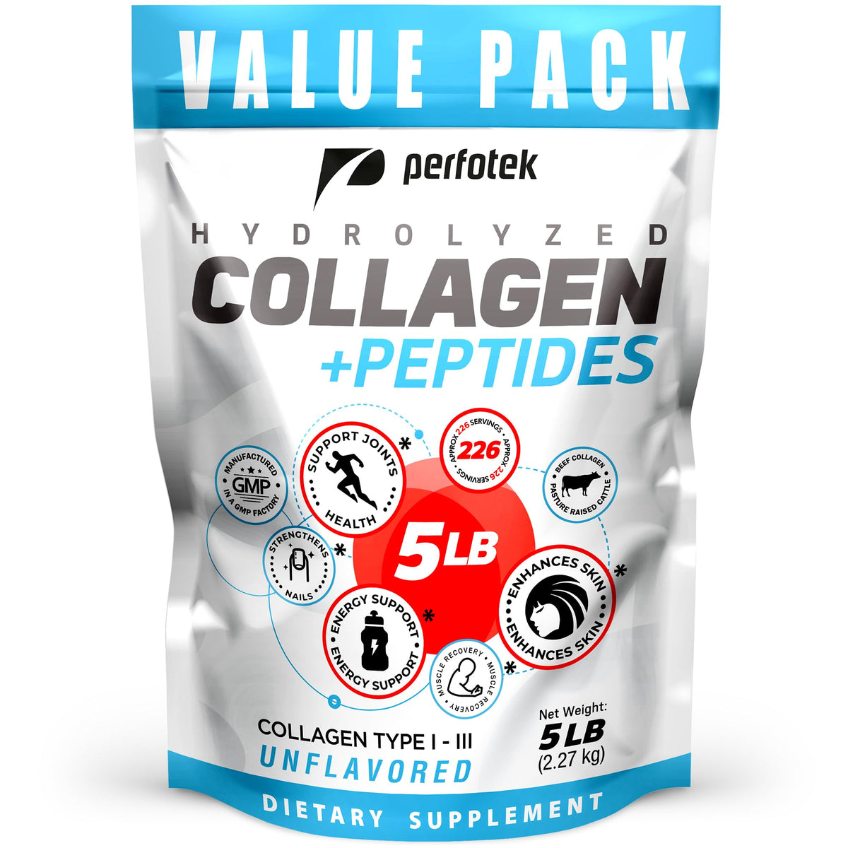 Collagen Powder 5Lb Types I & III Unflavored Hydrolyzed Protein Peptides V3561