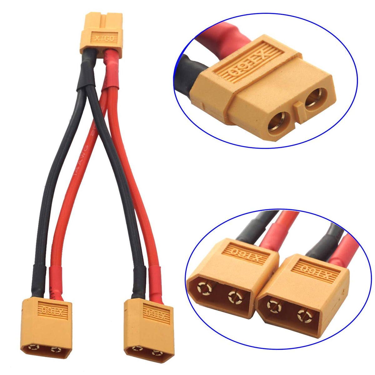 14AWG XT60 Parallel Battery Connector 2-Male to 1-Female Cable Splitter Harness Adapter S408781