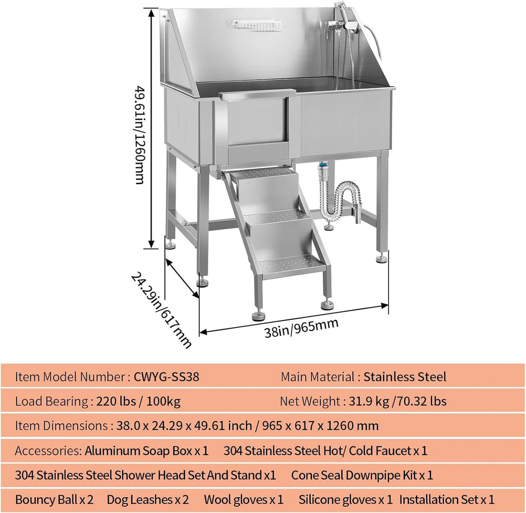 38" Stainless Steel Dog Grooming Tub with Stairs W8149