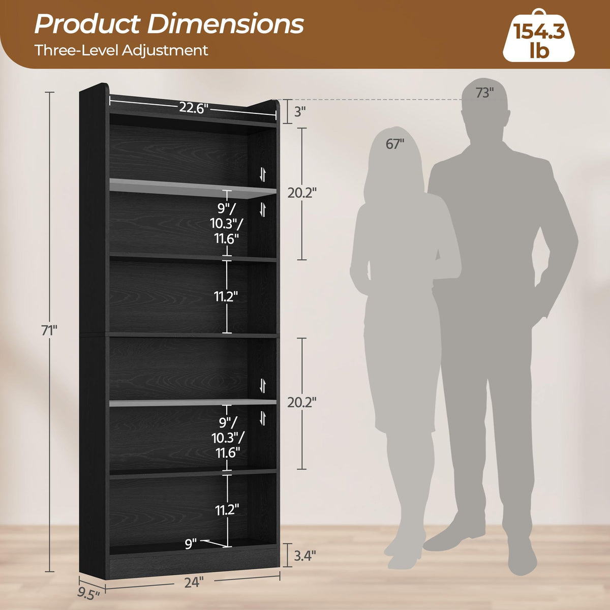 Black 7-Tier Adjustable Shelves Bookcase P205441