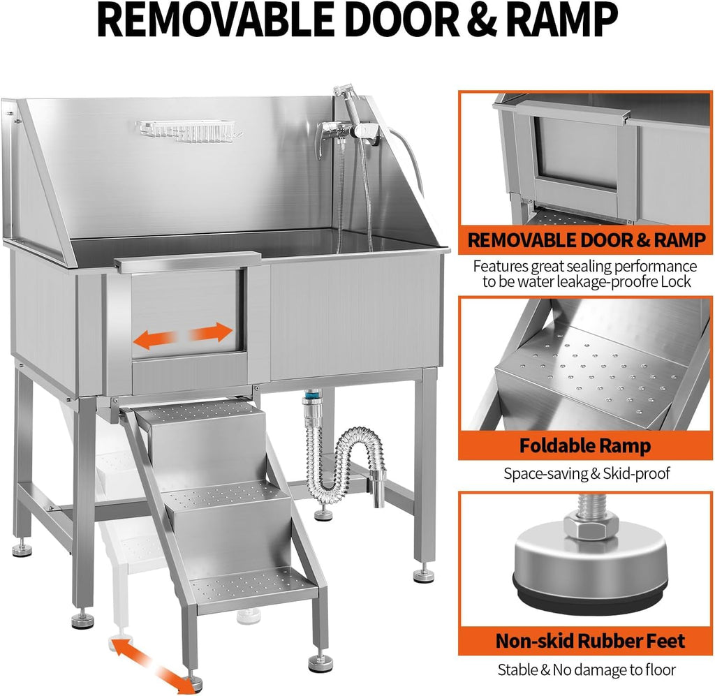38" Stainless Steel Dog Grooming Tub with Stairs W8149