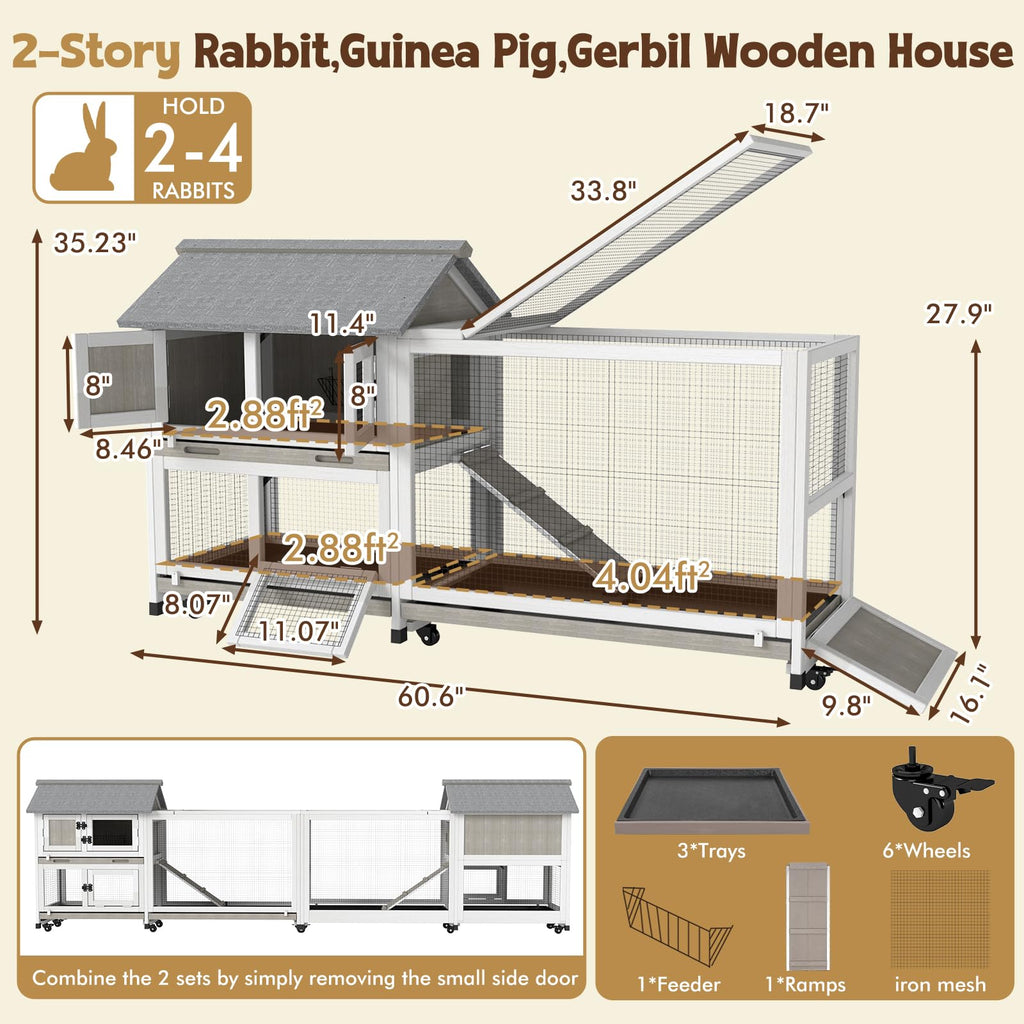 2-Story Wooden Rabbit Hutch with 3 Removable Trays P96480