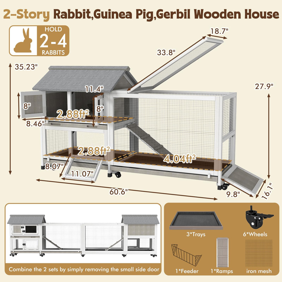2-Story Wooden Rabbit Hutch with 3 Removable Trays P96480