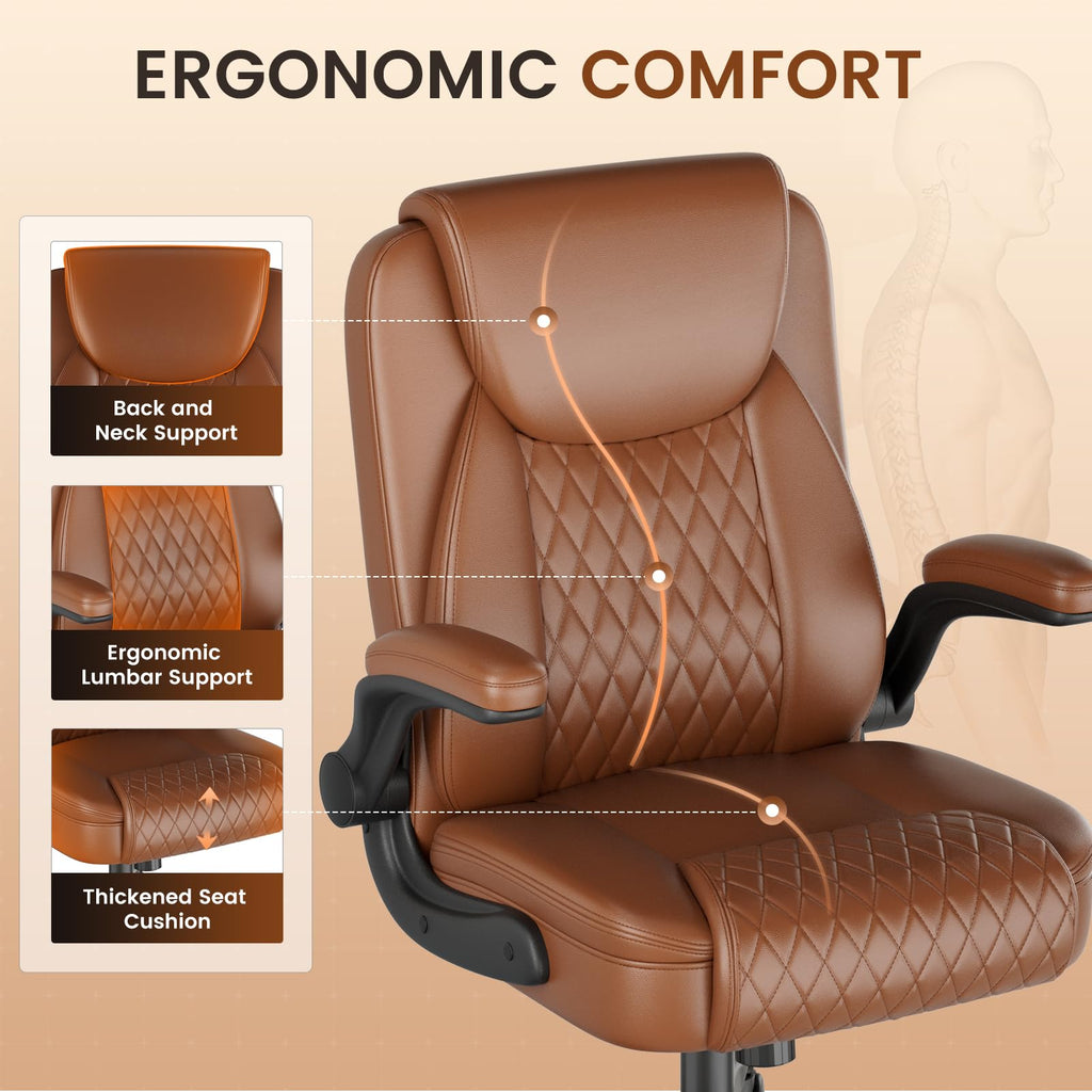 Brown PU Leather Office Chair with Flip-up Arms W536957