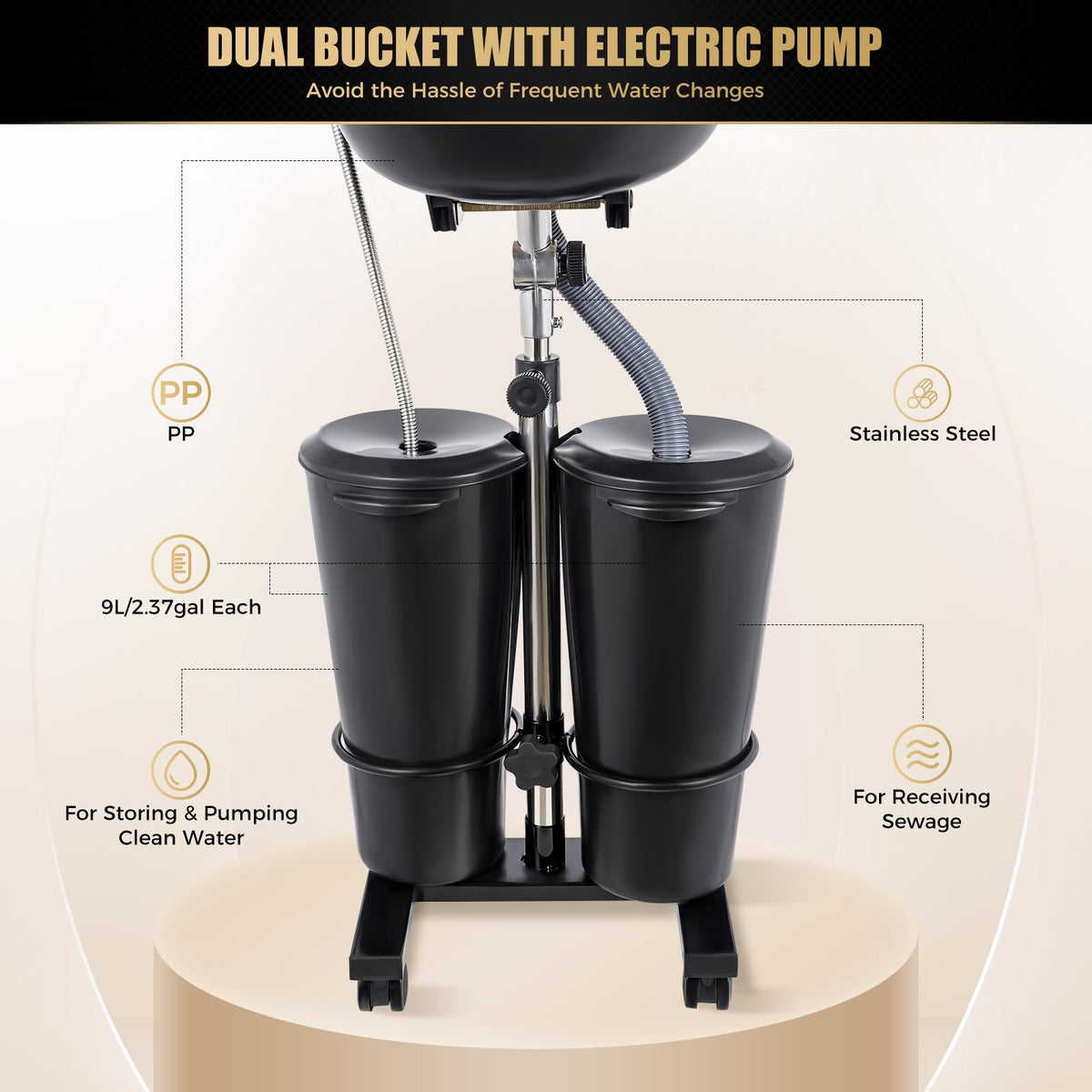 Portable Plastic Shampoo Unit with Electric Pump, 2 Buckets and Drain Hoses Z6682