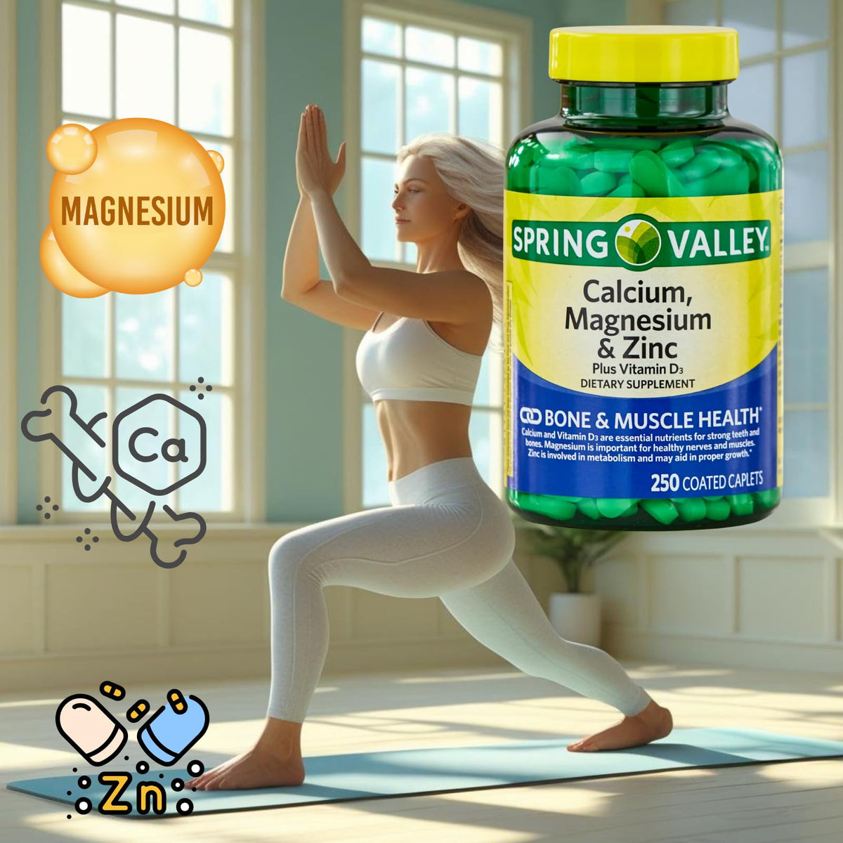 Calcium Magnesium Zinc Vitamin D3 Supplement 250 Caplets Gluten Free H238375