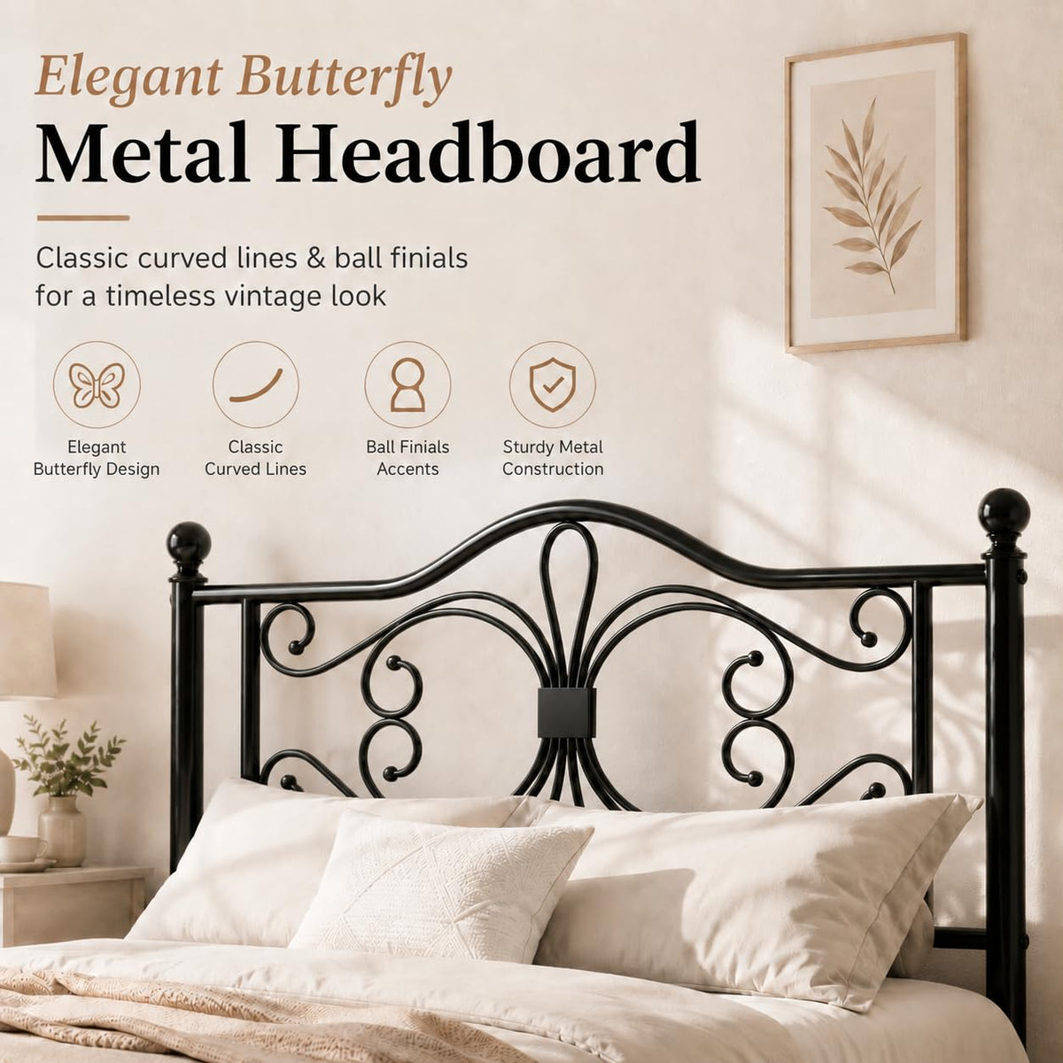 Full Size Bed Frame with Butterfly Pattern Headboard, Black K5333