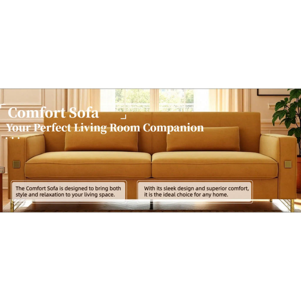 Orange Velvet Three-Seater Sofa with Metal Legs F688