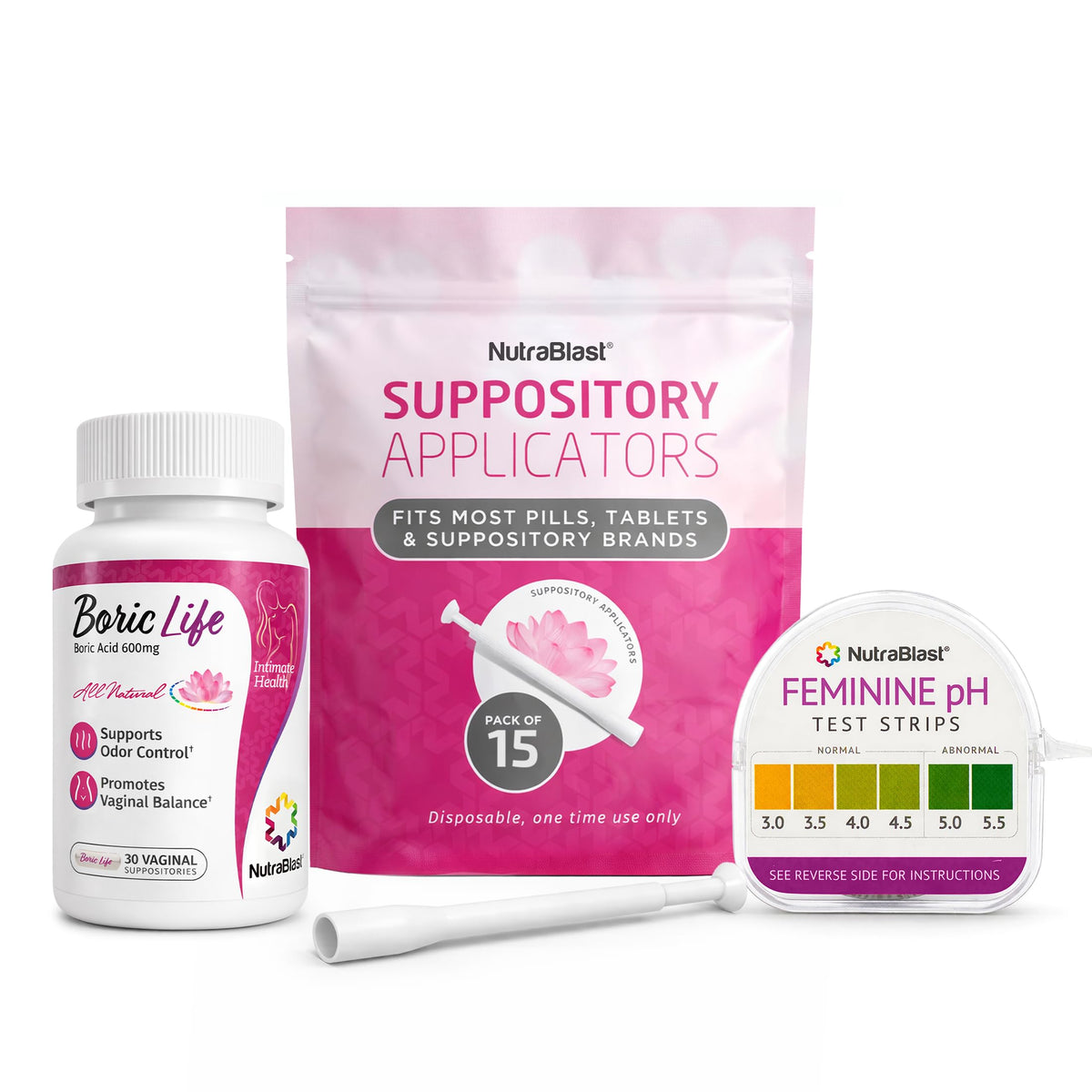 Boric Acid Suppositories 600mg 30 Count with Applicators and pH Test Strips D64887