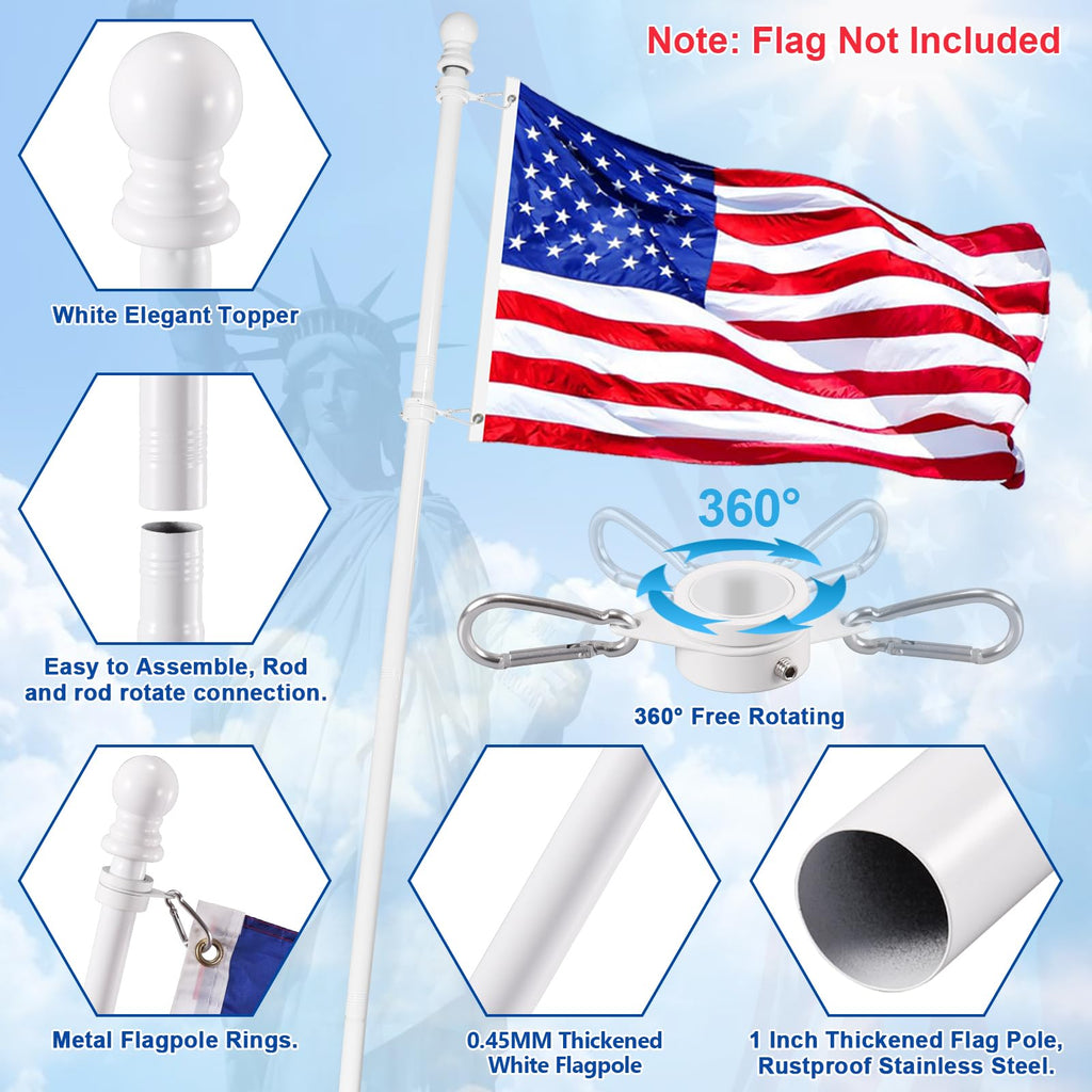 White 5 FT Stainless Steel Wall Mount Flag Pole Kit with 360° Rotating Rings V5262