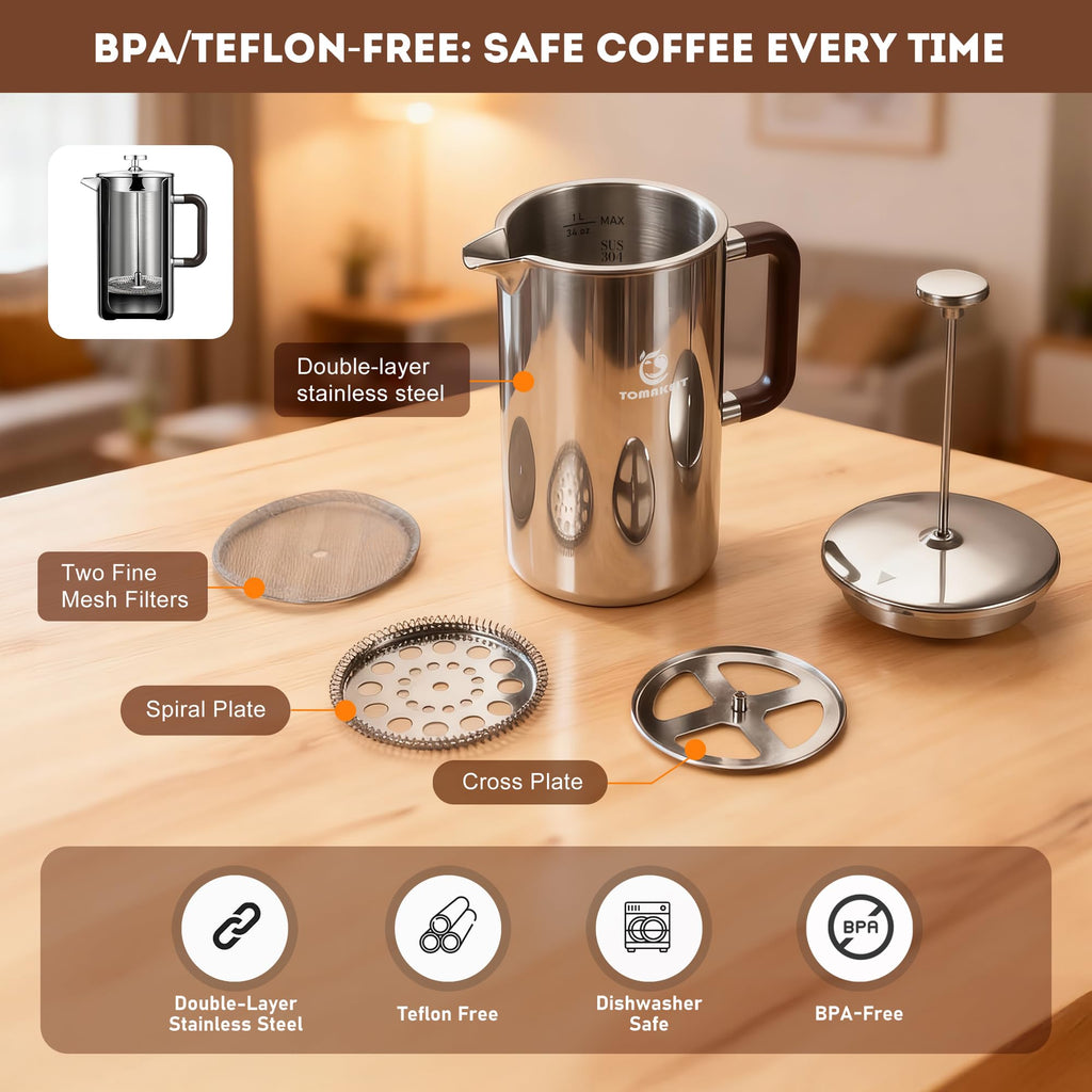 1L Stainless Steel French Press Coffee Maker R126