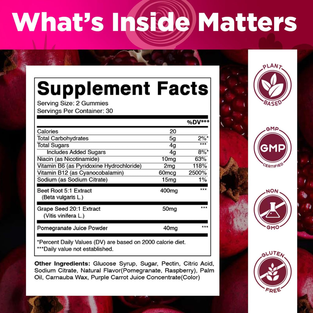 Beet Root Gummies with B6, B12, Grape Seed, Pomegranate & Nicotinamide 60 Count V73928