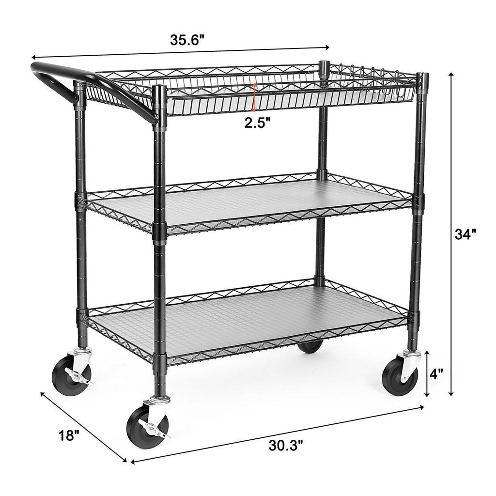 Heavy Duty 3 Tier Rolling Utility Cart with Wheels, Black Q581