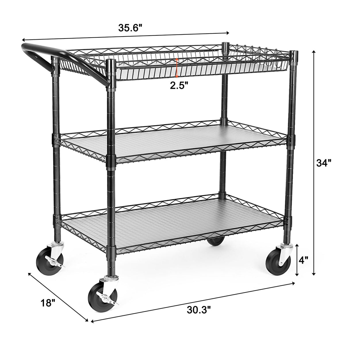 Heavy Duty 3 Tier Rolling Utility Cart with Wheels, Black Q581