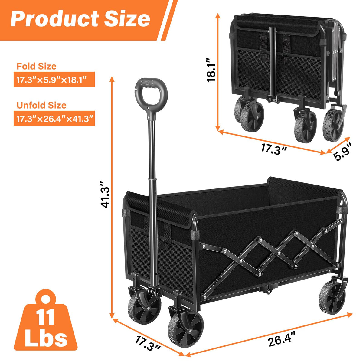 Foldable Collapsible Wagon Cart with Wheels, 280 lbs Heavy Duty Capacity, Graphite Black K6760