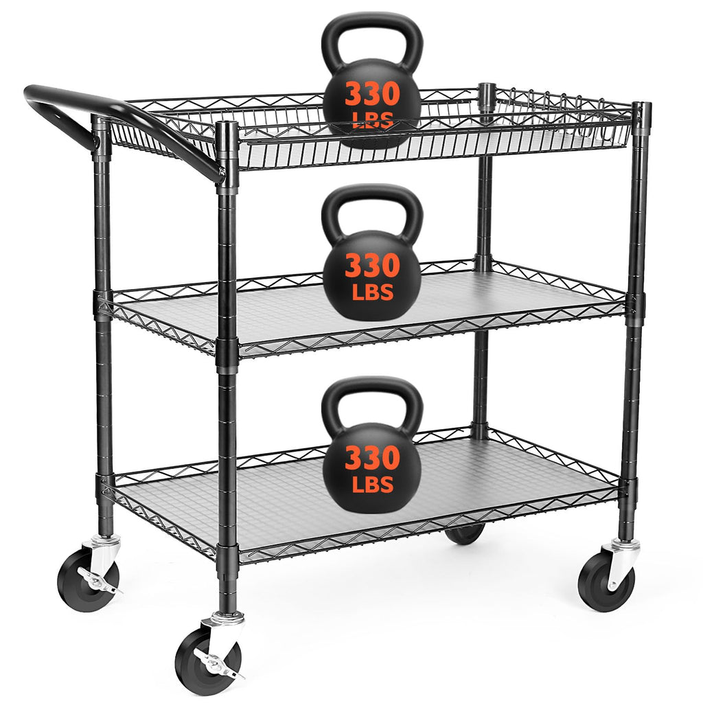Heavy Duty 3 Tier Rolling Utility Cart with Wheels, Black Q581