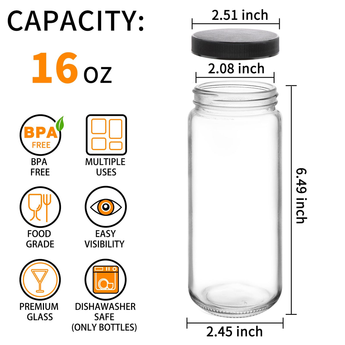 16oz Glass Juice Bottles, 12 Pack V85882