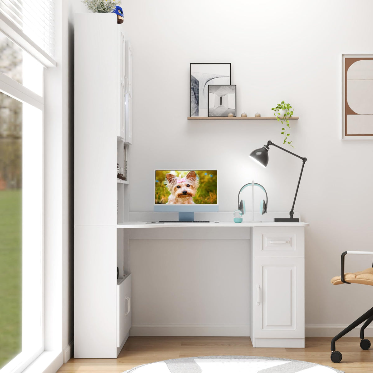 White L Shaped Corner Computer Desk with Bookshelf and Drawer F991