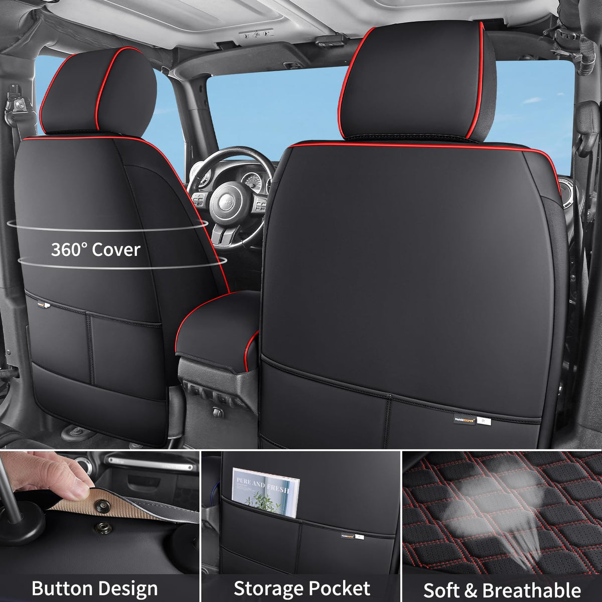 Waterproof Leather Seat Covers Full Set Black Red X5060
