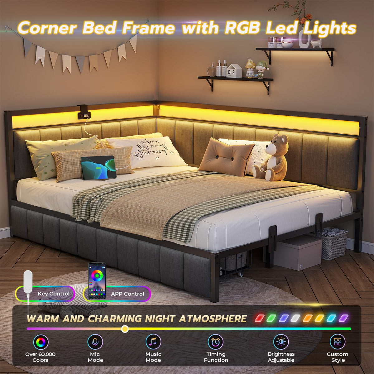 Full Size Corner Bed Frame with 2 Storage Drawers and Charging Station E7073