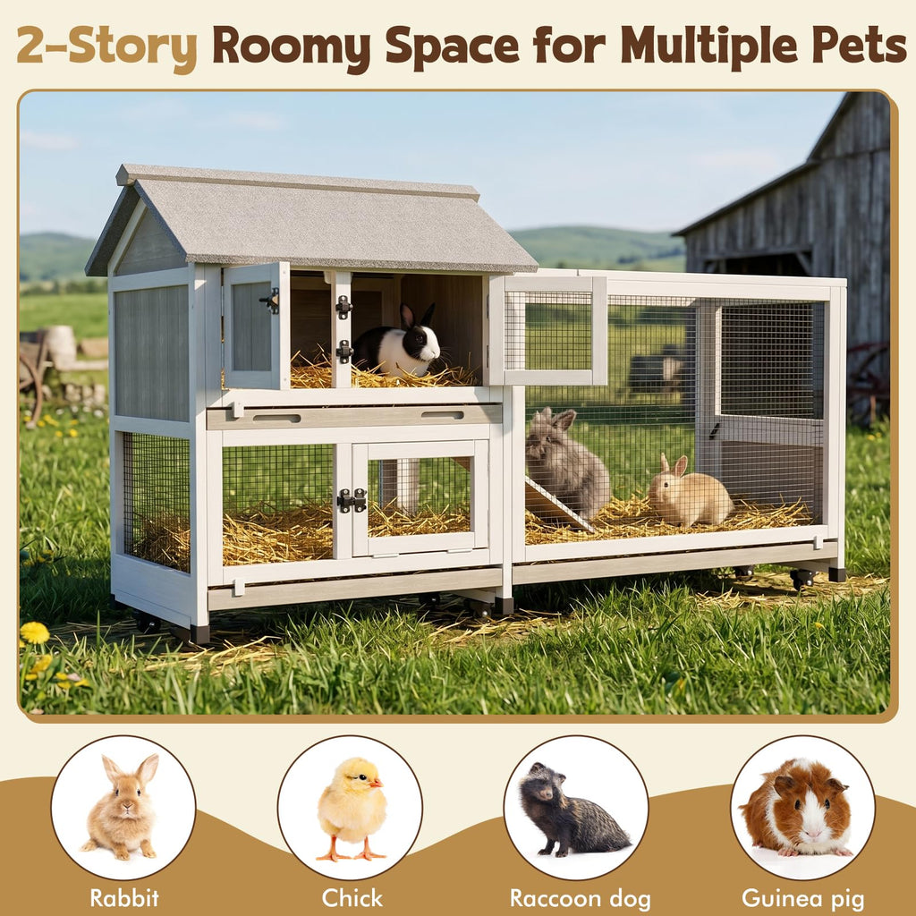 2-Story Wooden Rabbit Hutch with 3 Removable Trays P96480