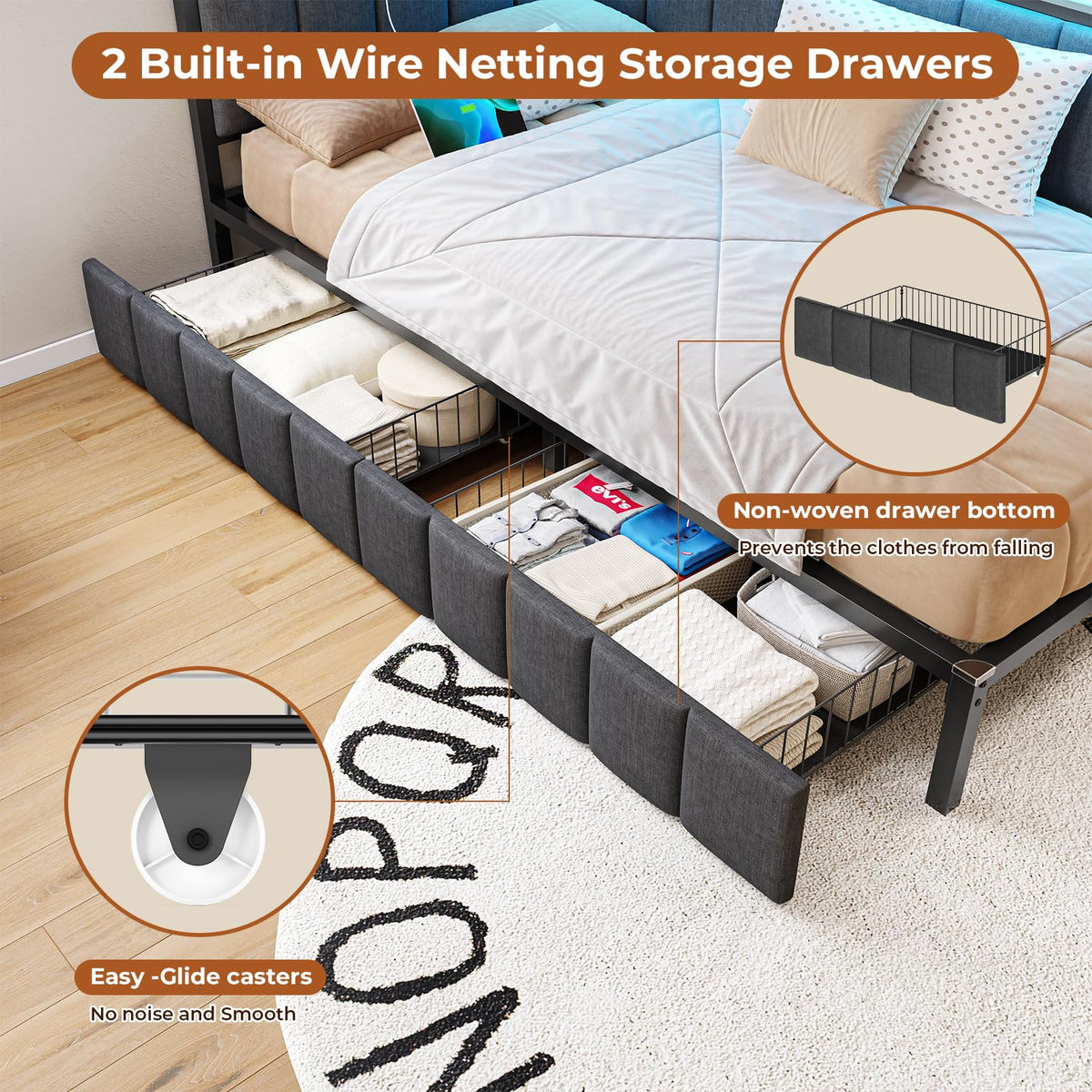 Full Size Corner Bed Frame with 2 Storage Drawers and Charging Station E7073
