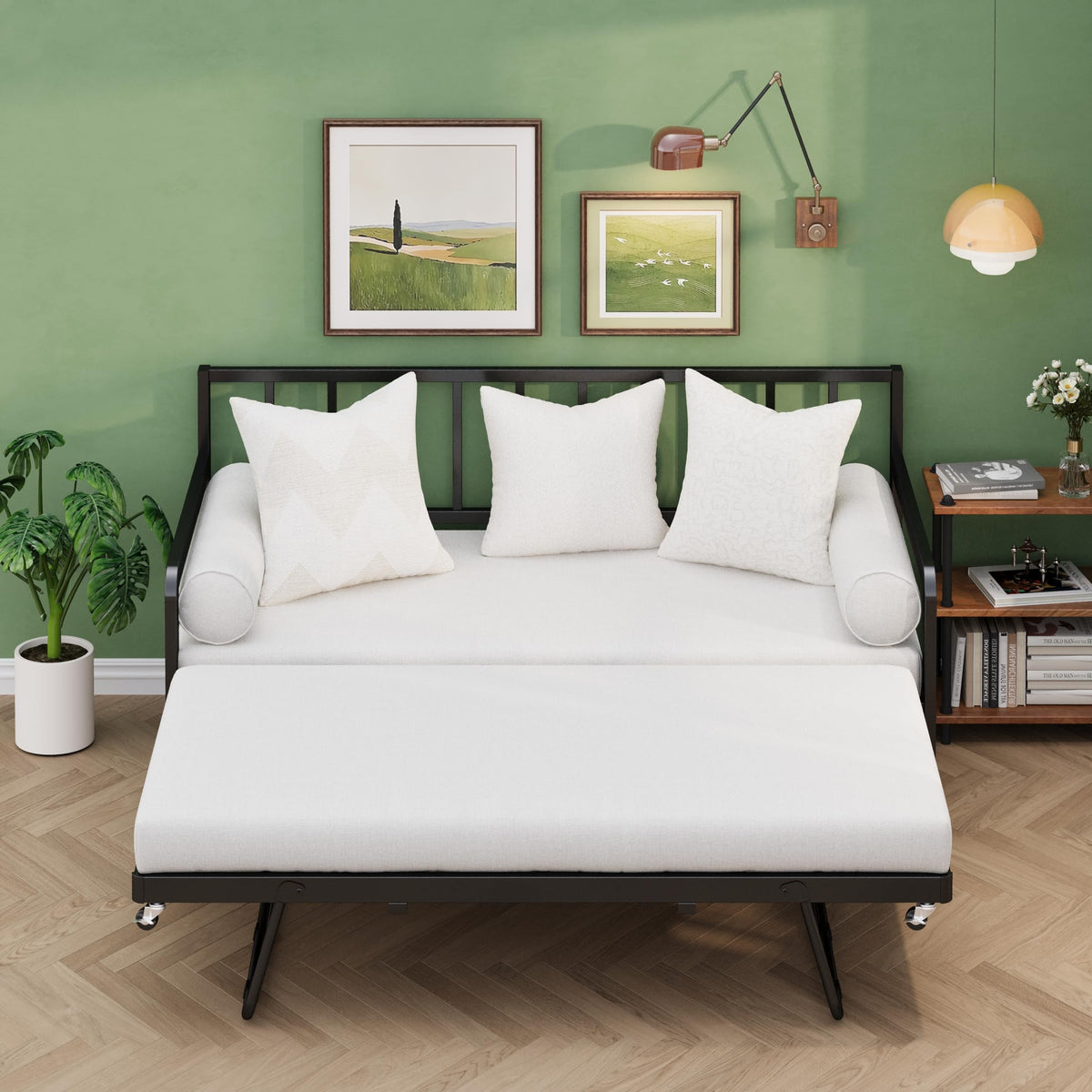 Twin Daybed with Pop Up Trundle, Metal Steel Slats, Black F31587