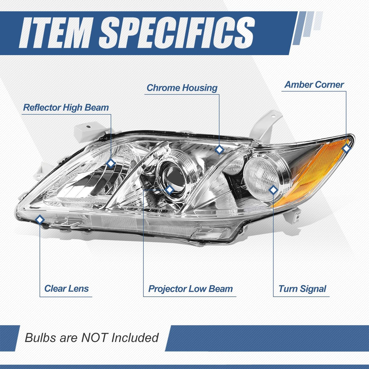 Headlight Assembly Compatible with Toyota Camry 2007 2008 2009 Chrome Housing Amber Corner N5410