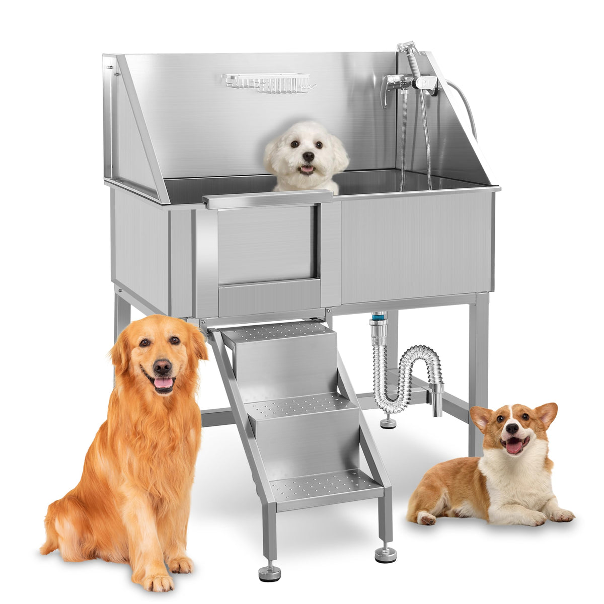 38" Stainless Steel Dog Grooming Tub with Stairs W8149