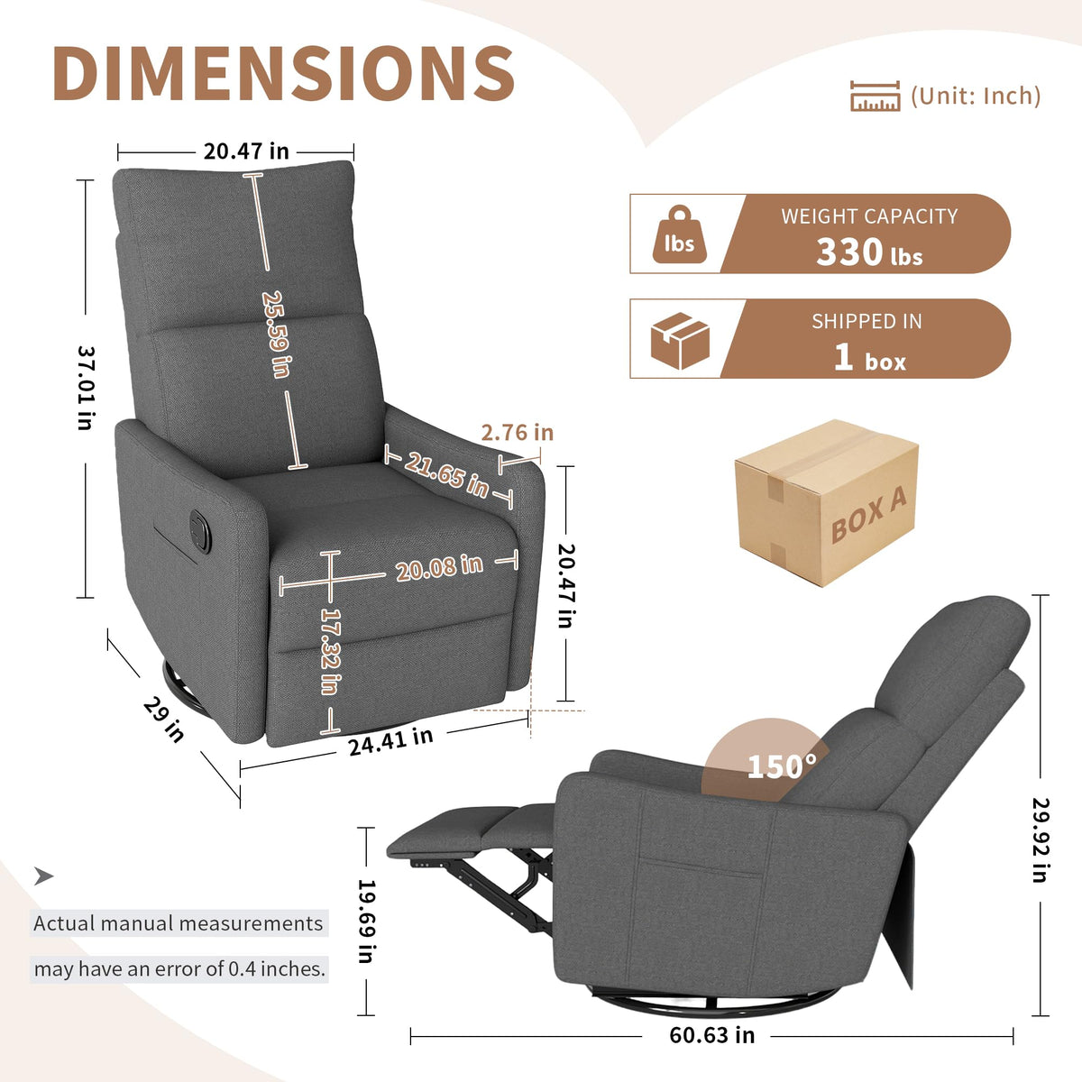 Dark Gray Swivel Rocker Recliner Chair Y352047