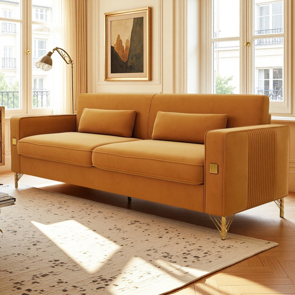 Orange Velvet Three-Seater Sofa with Metal Legs F688