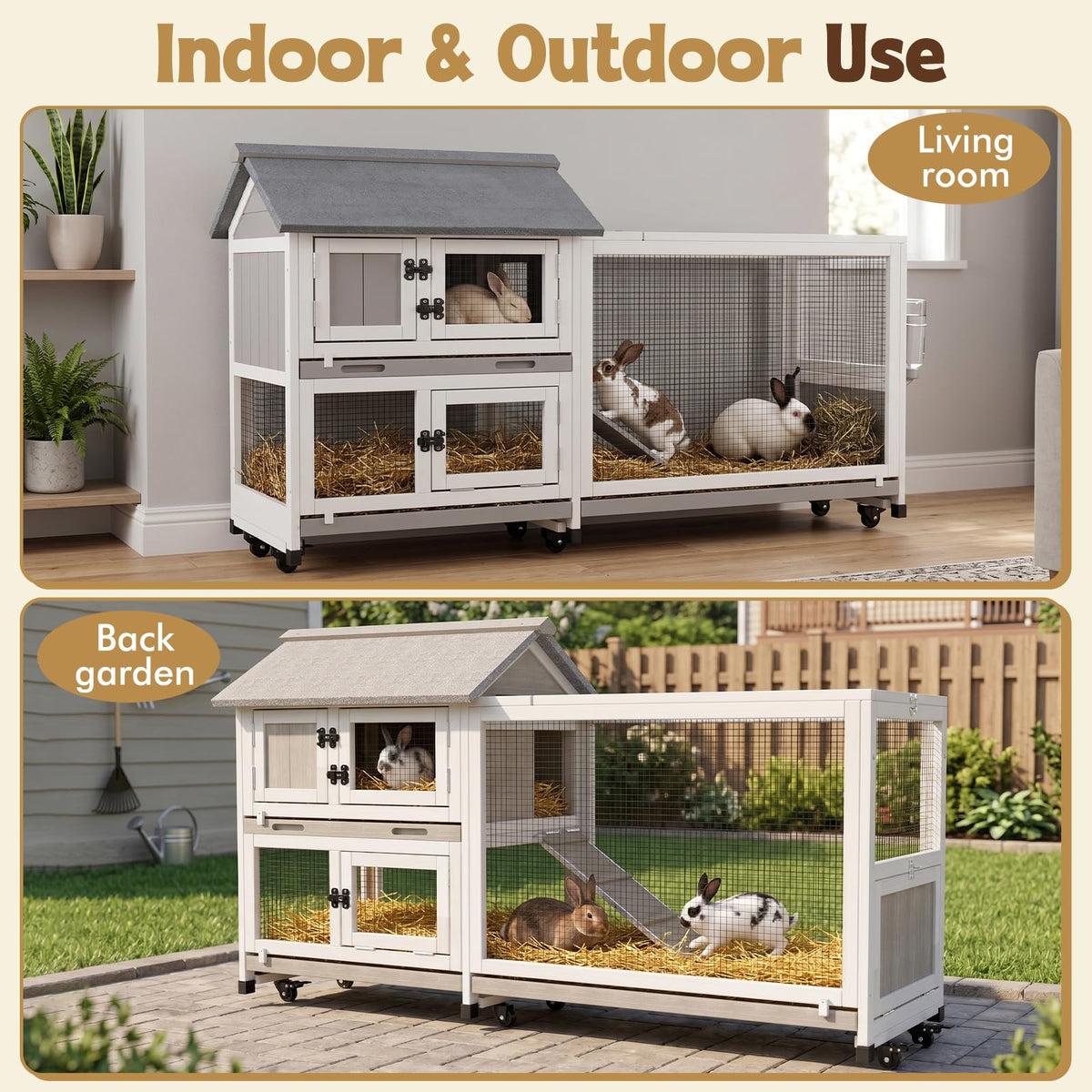 2-Story Wooden Rabbit Hutch with 3 Removable Trays P96480