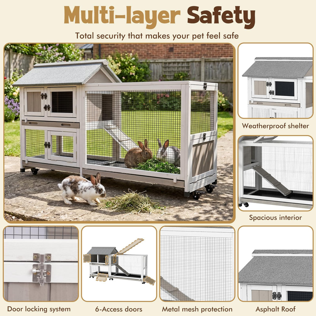 2-Story Wooden Rabbit Hutch with 3 Removable Trays P96480