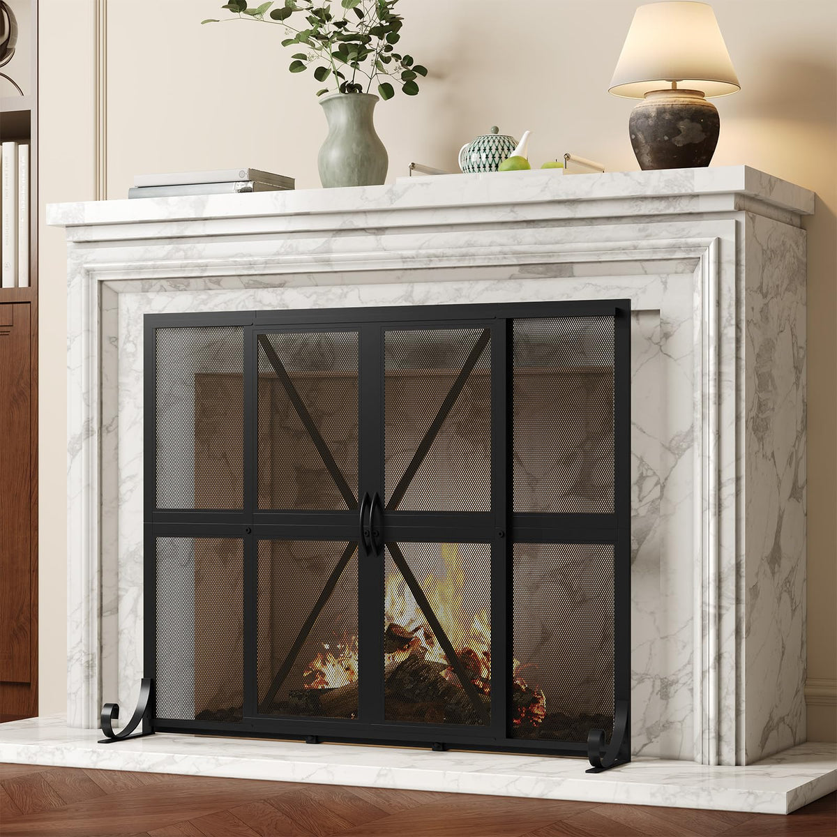 Black Wrought Iron Mesh Fireplace Screen with Sliding Doors N2226
