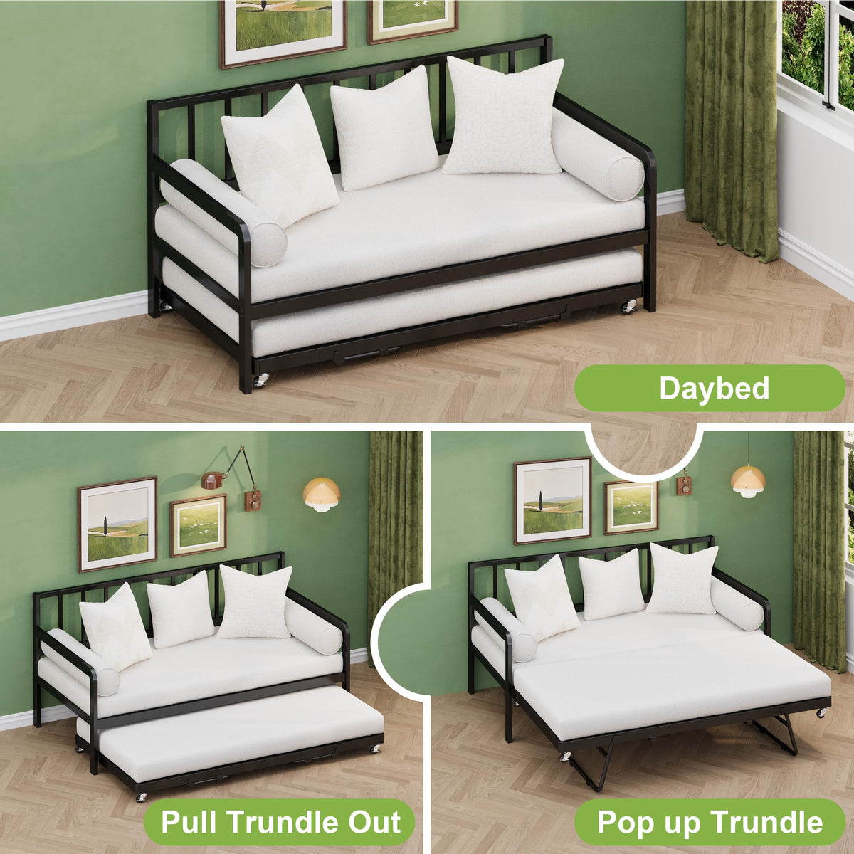 Twin Daybed with Pop Up Trundle, Metal Steel Slats, Black F31587