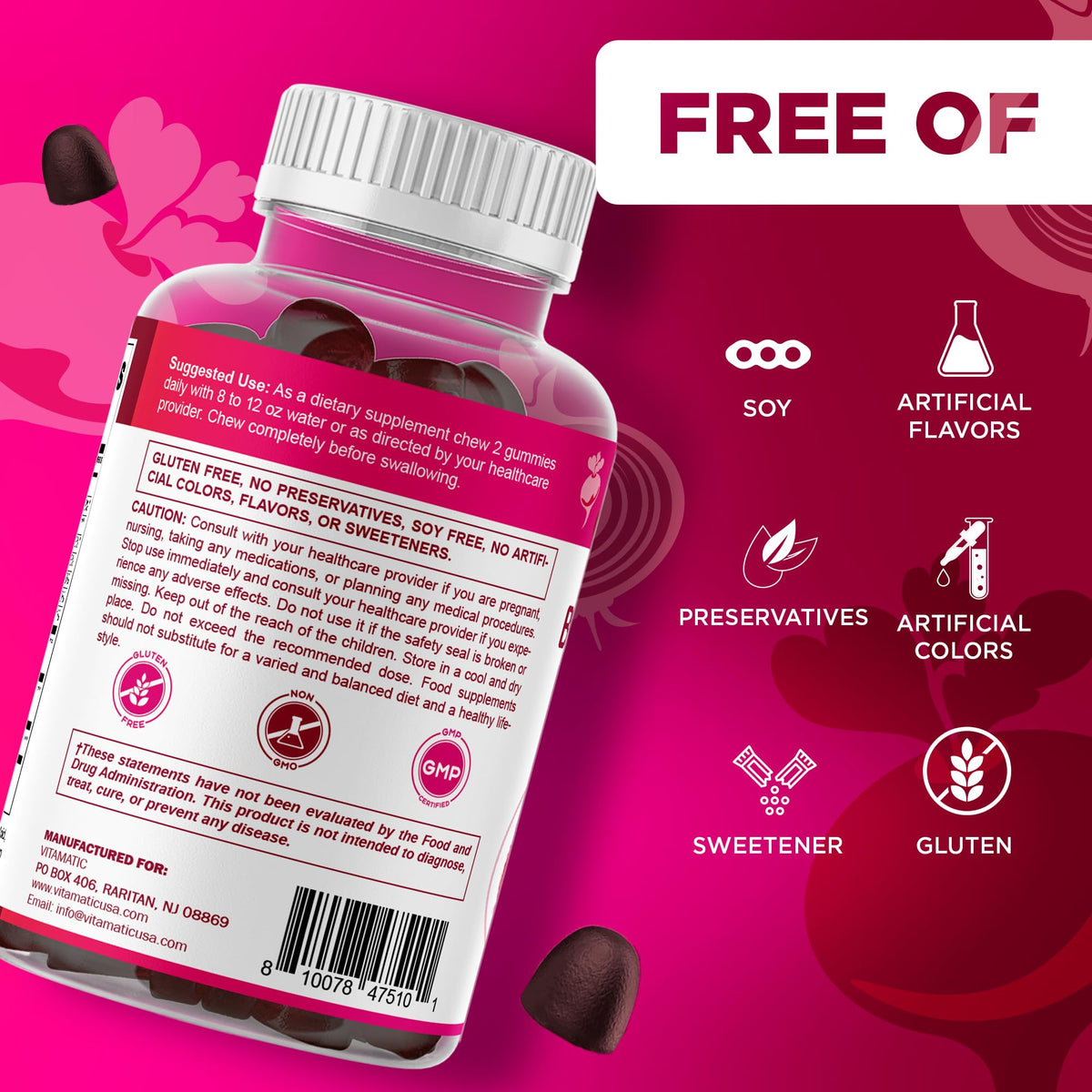 Beet Root Gummies with B6, B12, Grape Seed, Pomegranate & Nicotinamide 60 Count V73928