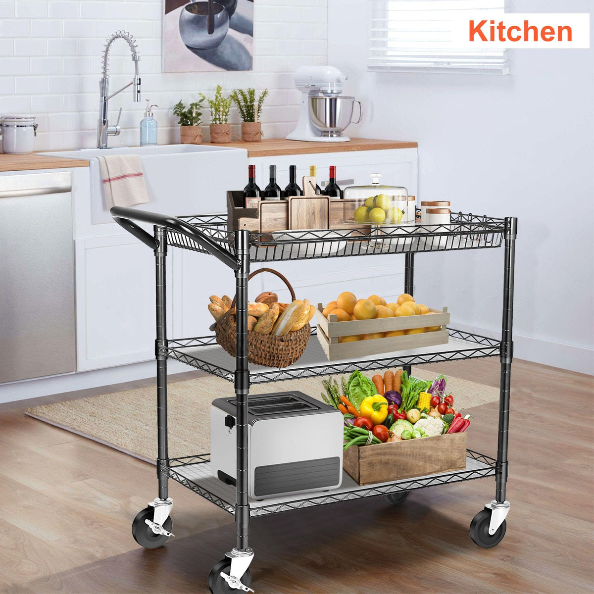 Heavy Duty 3 Tier Rolling Utility Cart with Wheels, Black Q581