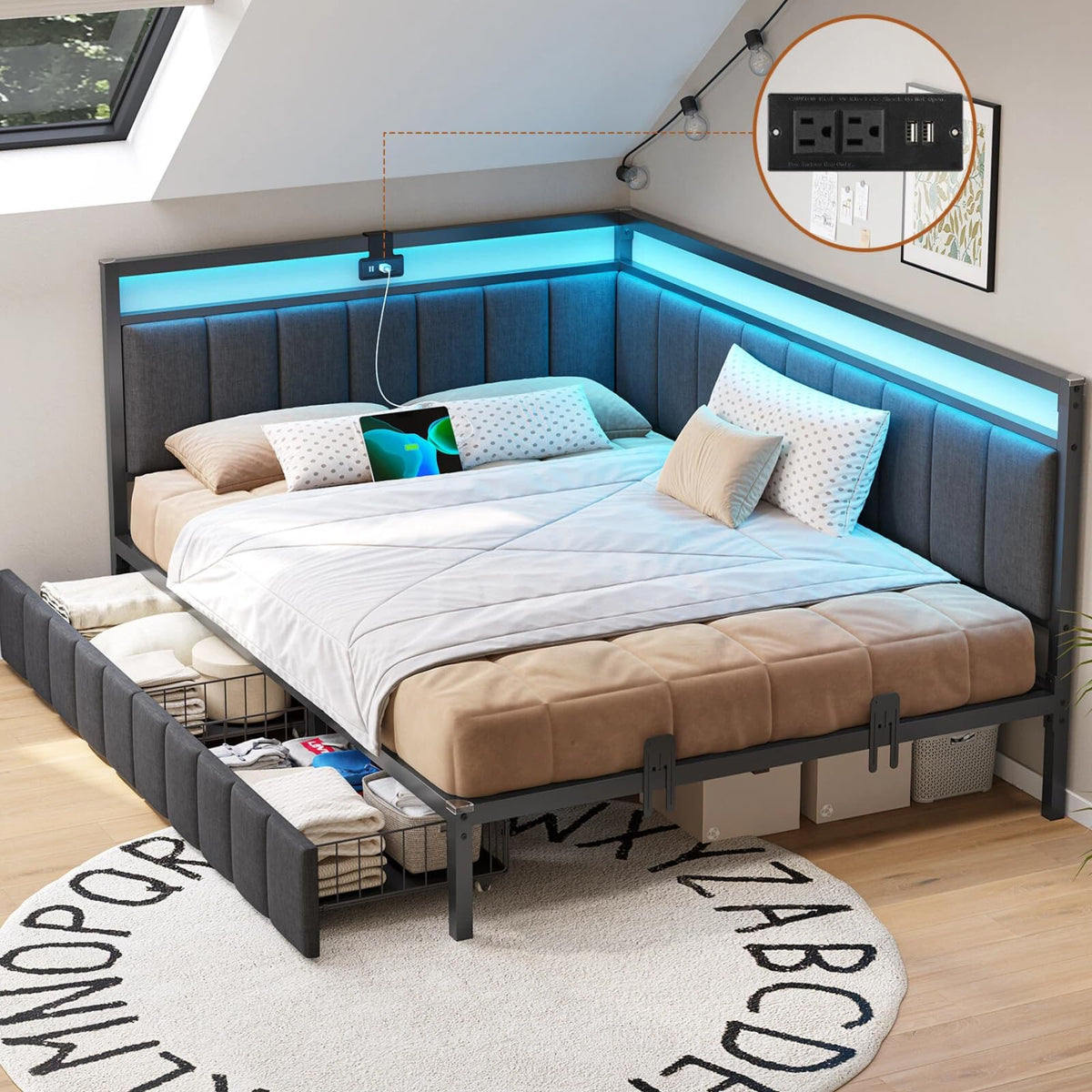 Full Size Corner Bed Frame with 2 Storage Drawers and Charging Station E7073