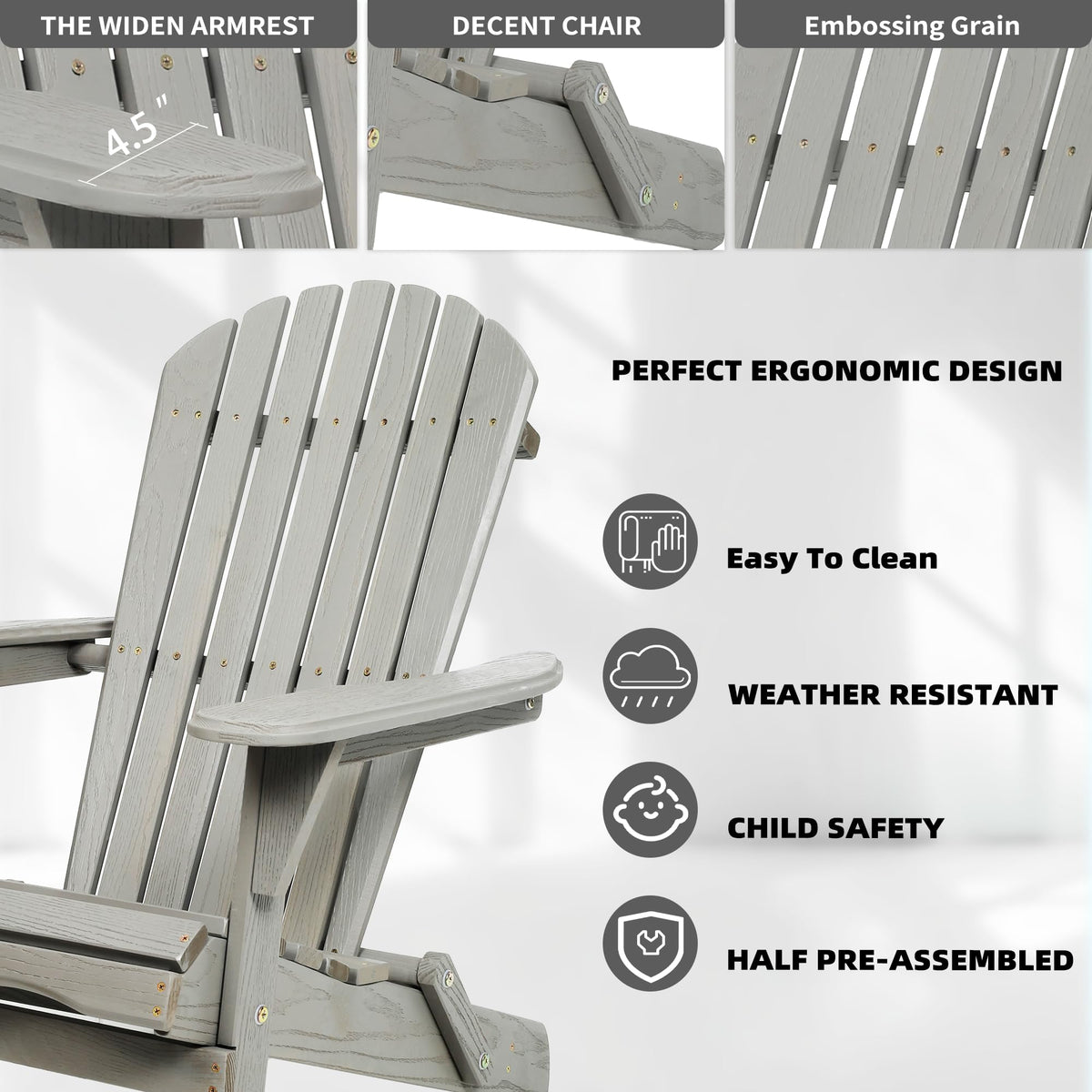 Folding Adirondack Chair Set of 2 Solid Cedar Wood Gray G4320
