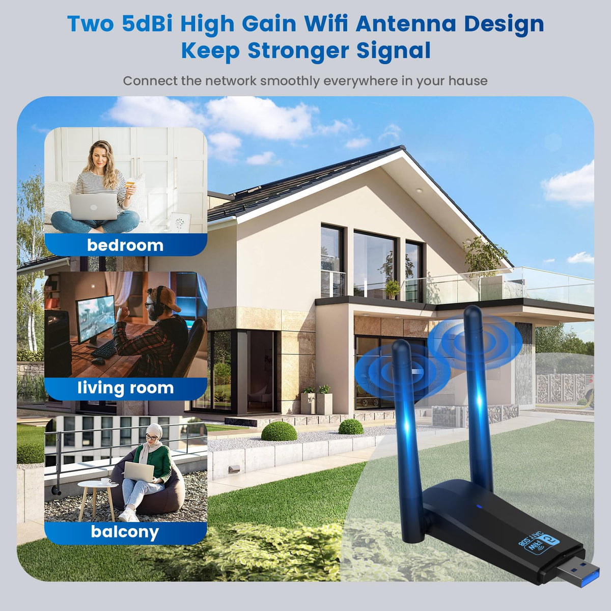 Wireless USB 3.0 WiFi Adapter 5G 2.4G Dual-Band 1300Mbps Dual 5Dbi Antennas Y19988