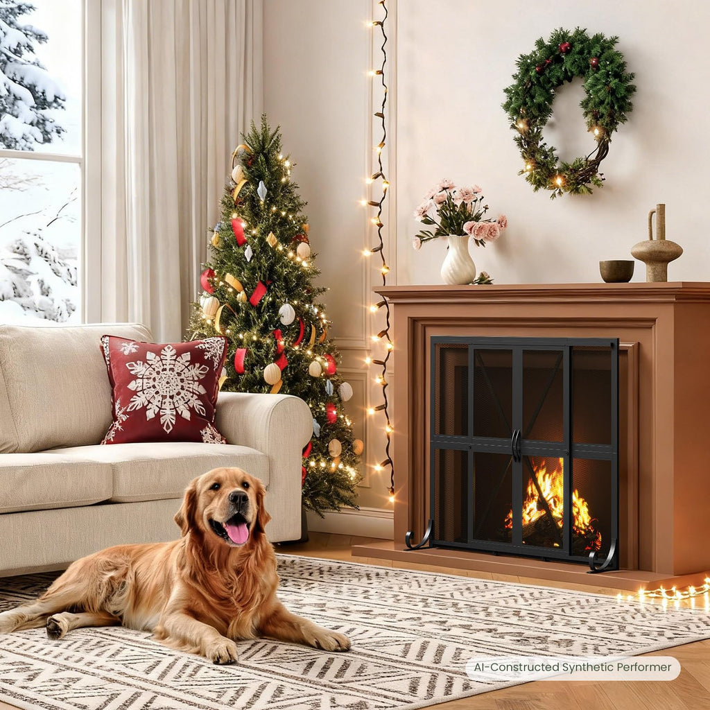 Black Wrought Iron Mesh Fireplace Screen with Sliding Doors N2226