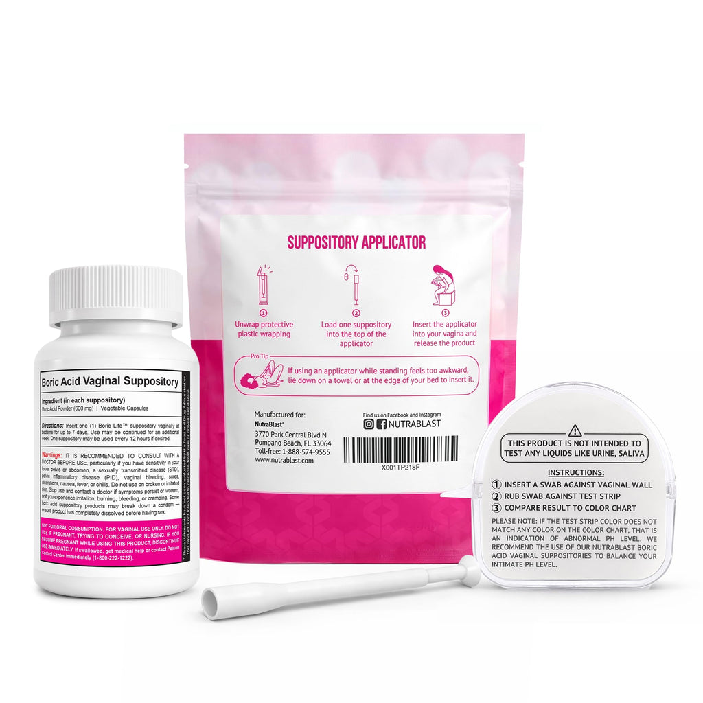 Boric Acid Suppositories 600mg 30 Count with Applicators and pH Test Strips D64887