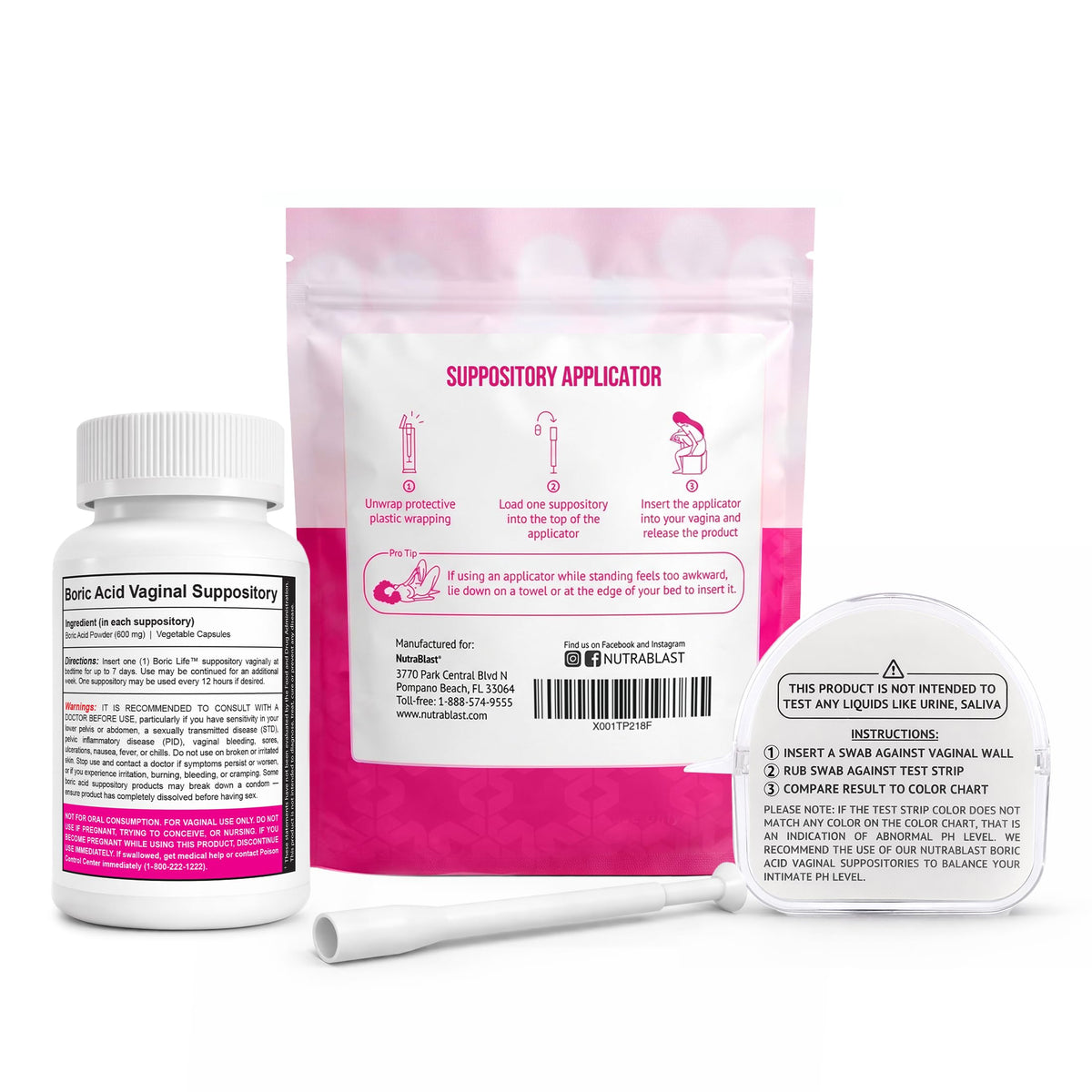 Boric Acid Suppositories 600mg 30 Count with Applicators and pH Test Strips D64887