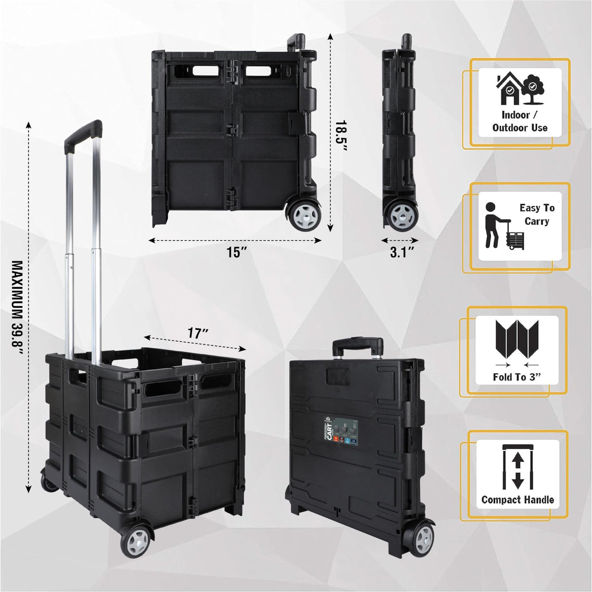 Portable Tools Carrier with Telescopic Handle, 80 Lb. Load Capacity, Black C653