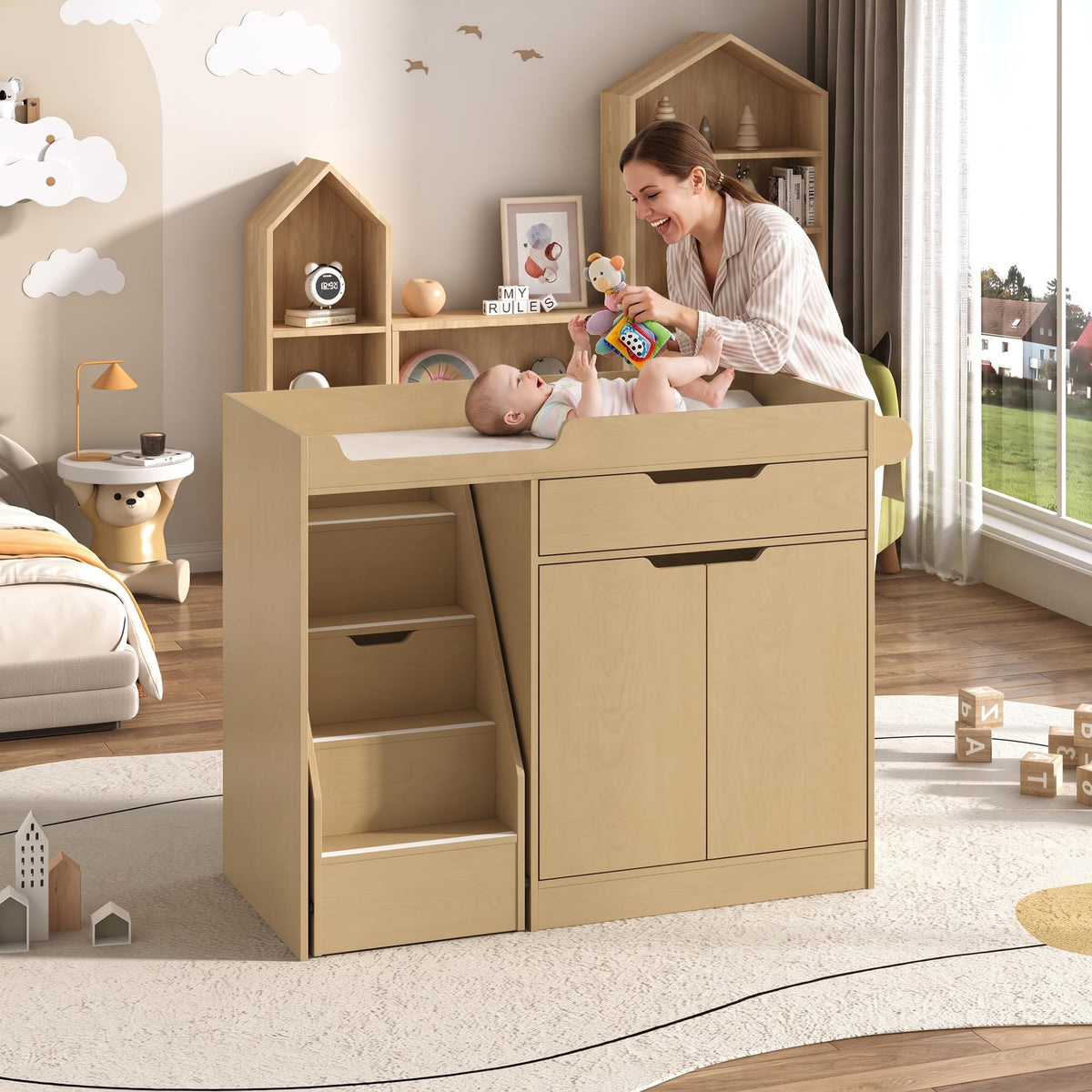 Oak Baby Changing Table with Drawers and Stairs X824275