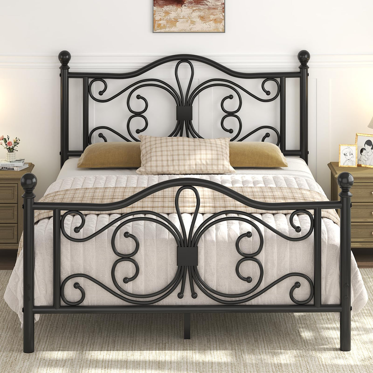 Full Size Bed Frame with Butterfly Pattern Headboard, Black K5333