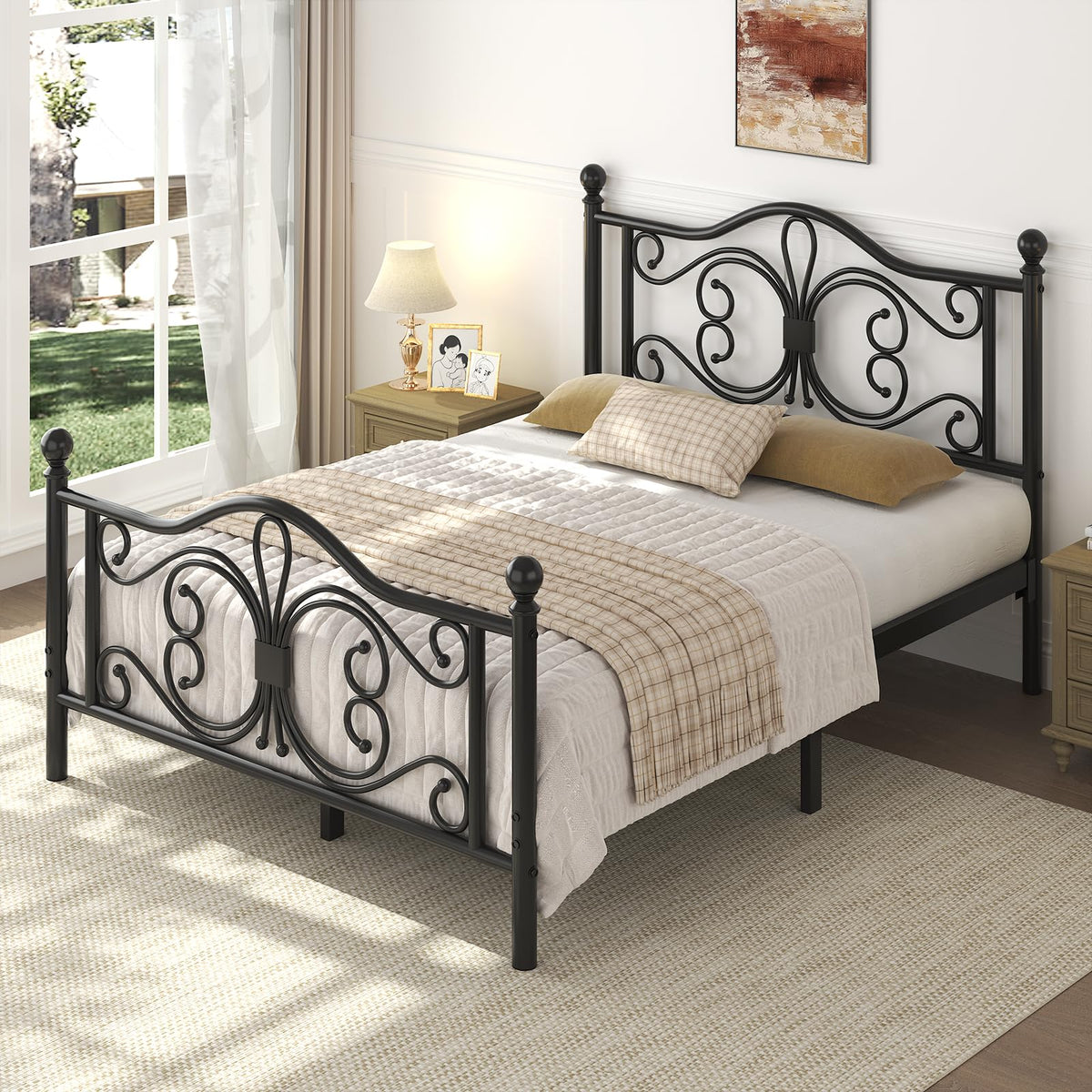 Full Size Bed Frame with Butterfly Pattern Headboard, Black K5333