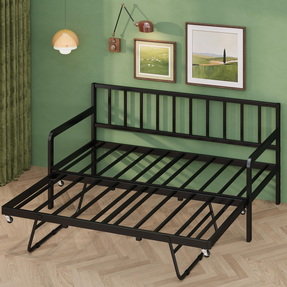Twin Daybed with Pop Up Trundle, Metal Steel Slats, Black F31587