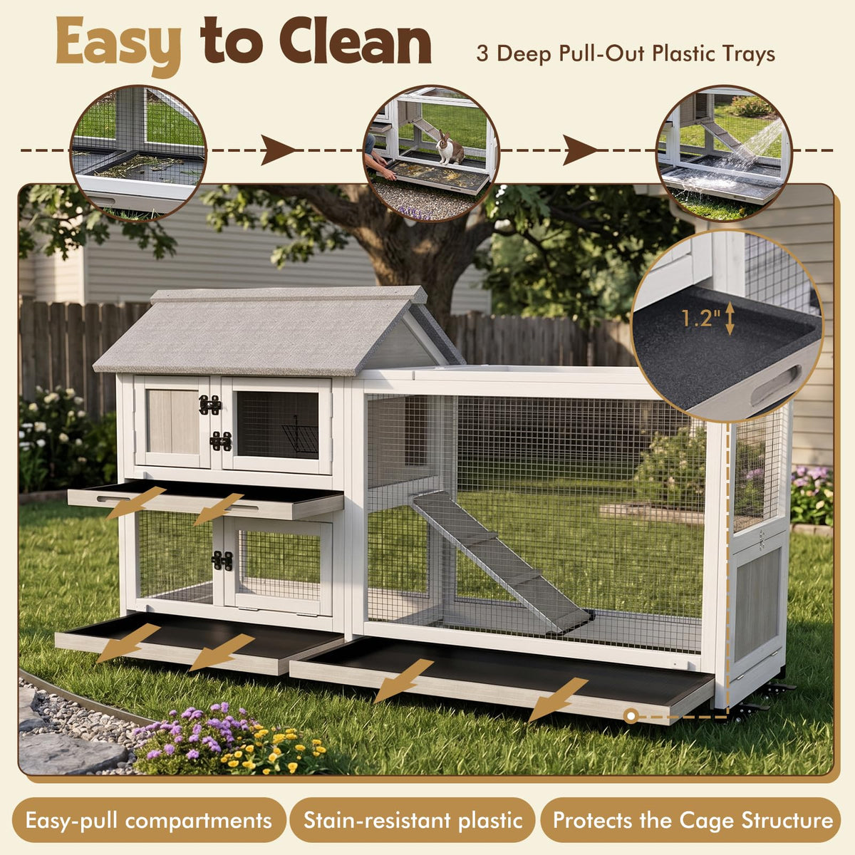 2-Story Wooden Rabbit Hutch with 3 Removable Trays P96480