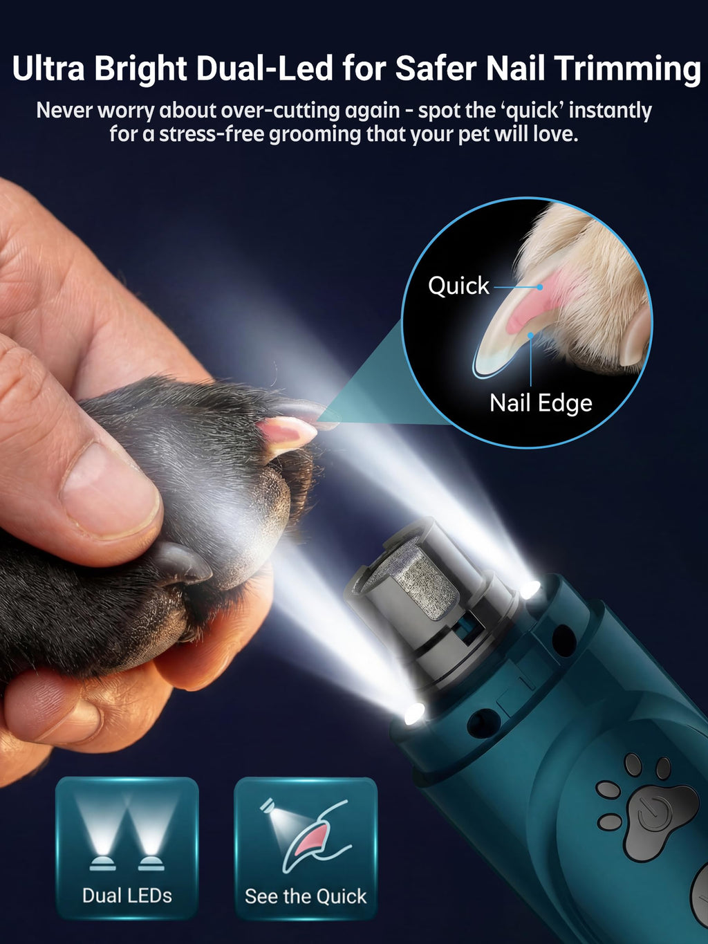 Super Quiet Dog Nail Grinder & Clippers Kit with 2 LED Lights I402